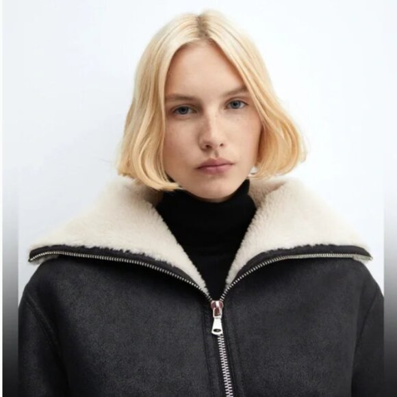 Mango Faux Leather Shearling Zip Coat Black Size Small - Picture 4 of 14